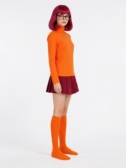 Velma Cosplay Costume: Skirt, Knee-High Socks, Wig, and Glasses side view