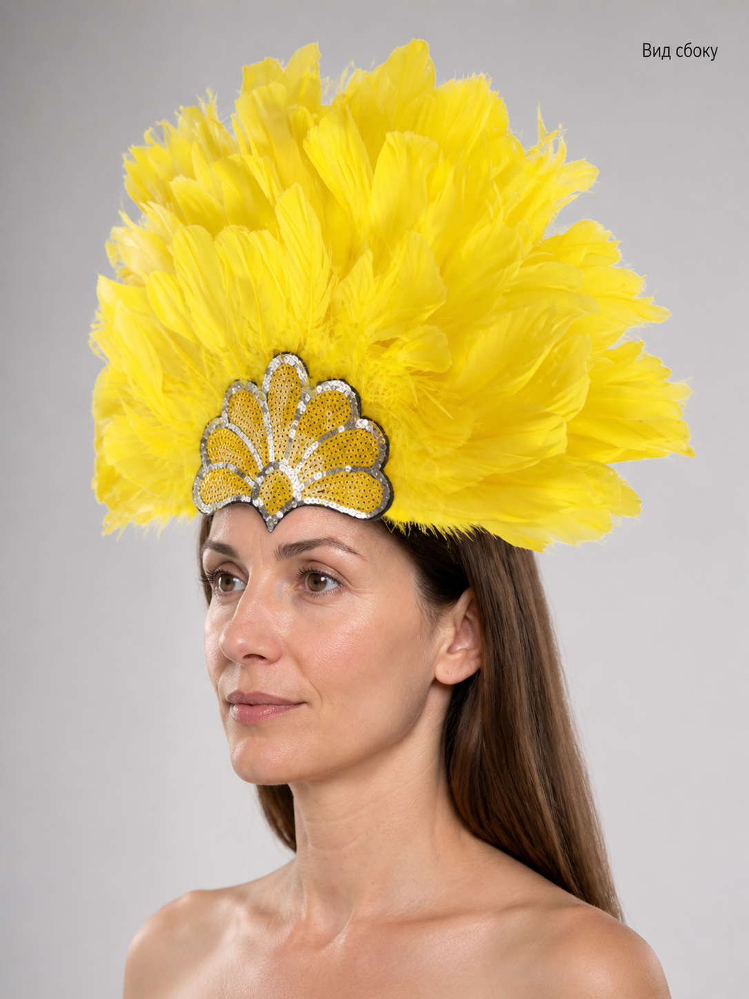Yellow Carnival Headpiece with Gold Fan side view