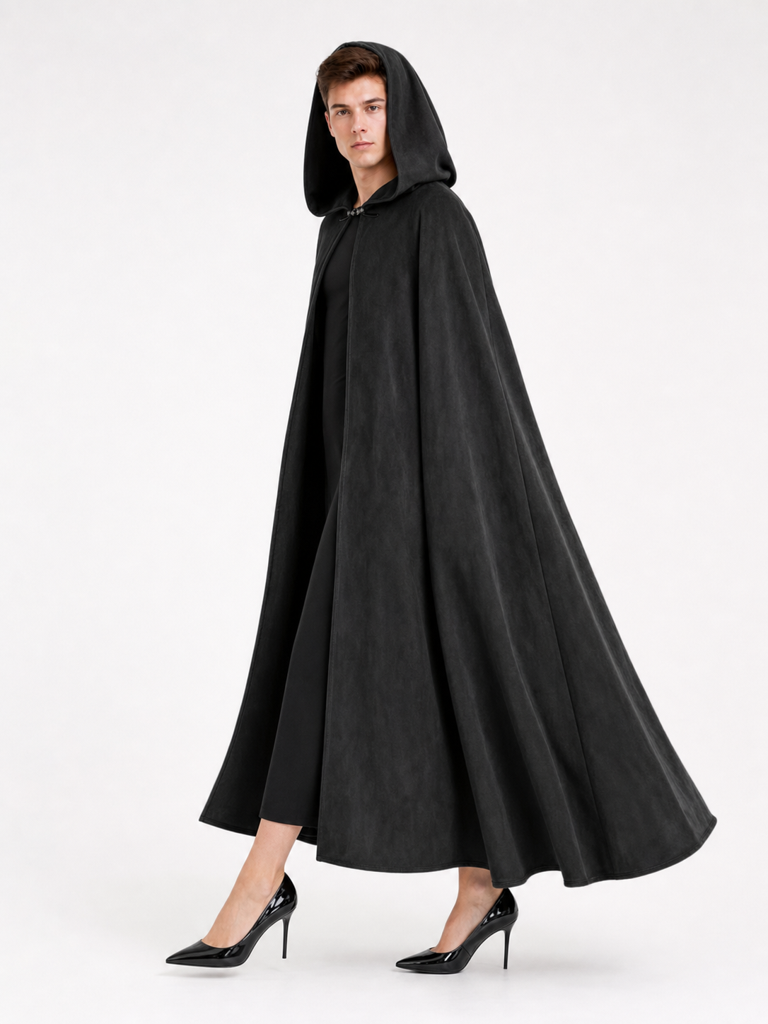 Long black hooded costume cloak