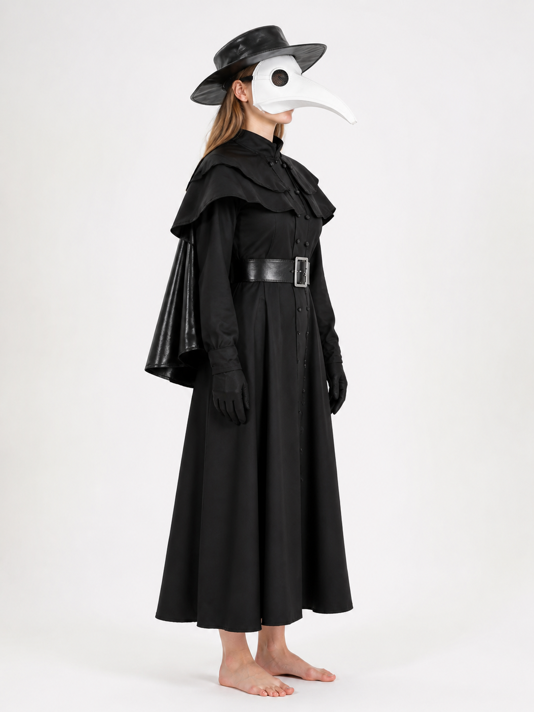 Plague Doctor Costume with Mask, Hat, and Gloves side view