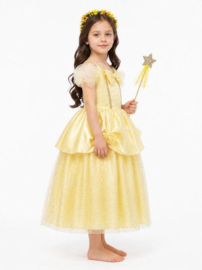 Carnival costume with dress, wig, and wand side view