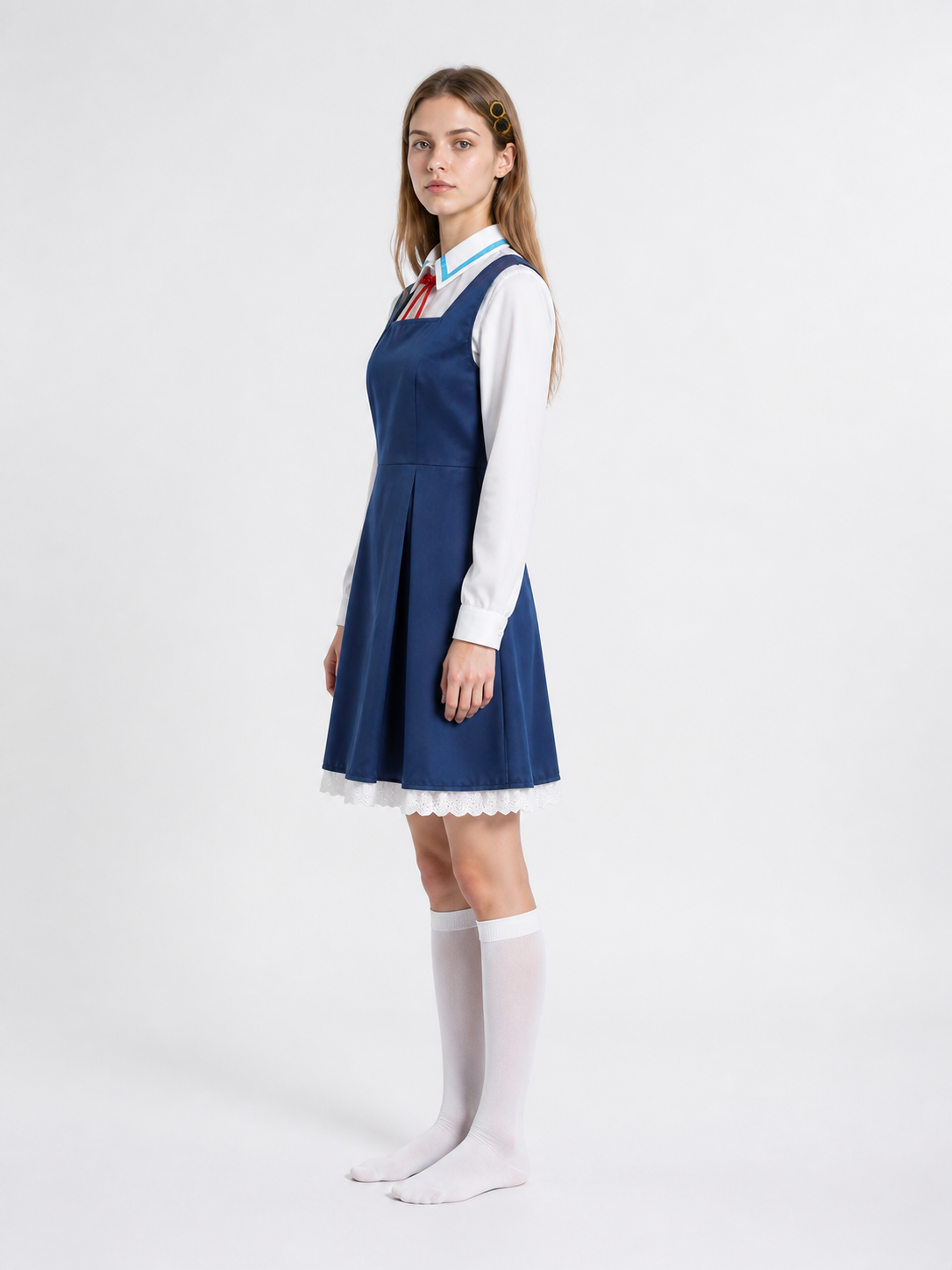 Cosplay costume with dress, shirt, and accessories side view