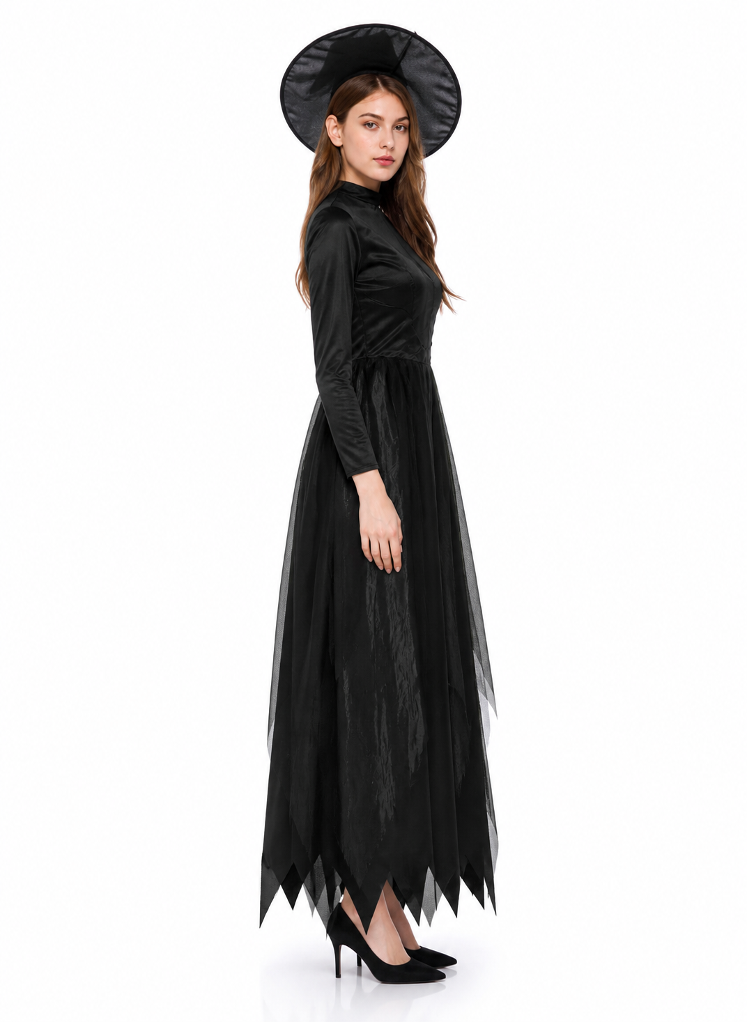 Long Black Dress with a High Collar and Sleeves
