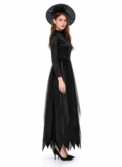 Long Black Dress with a High Collar and Sleeves