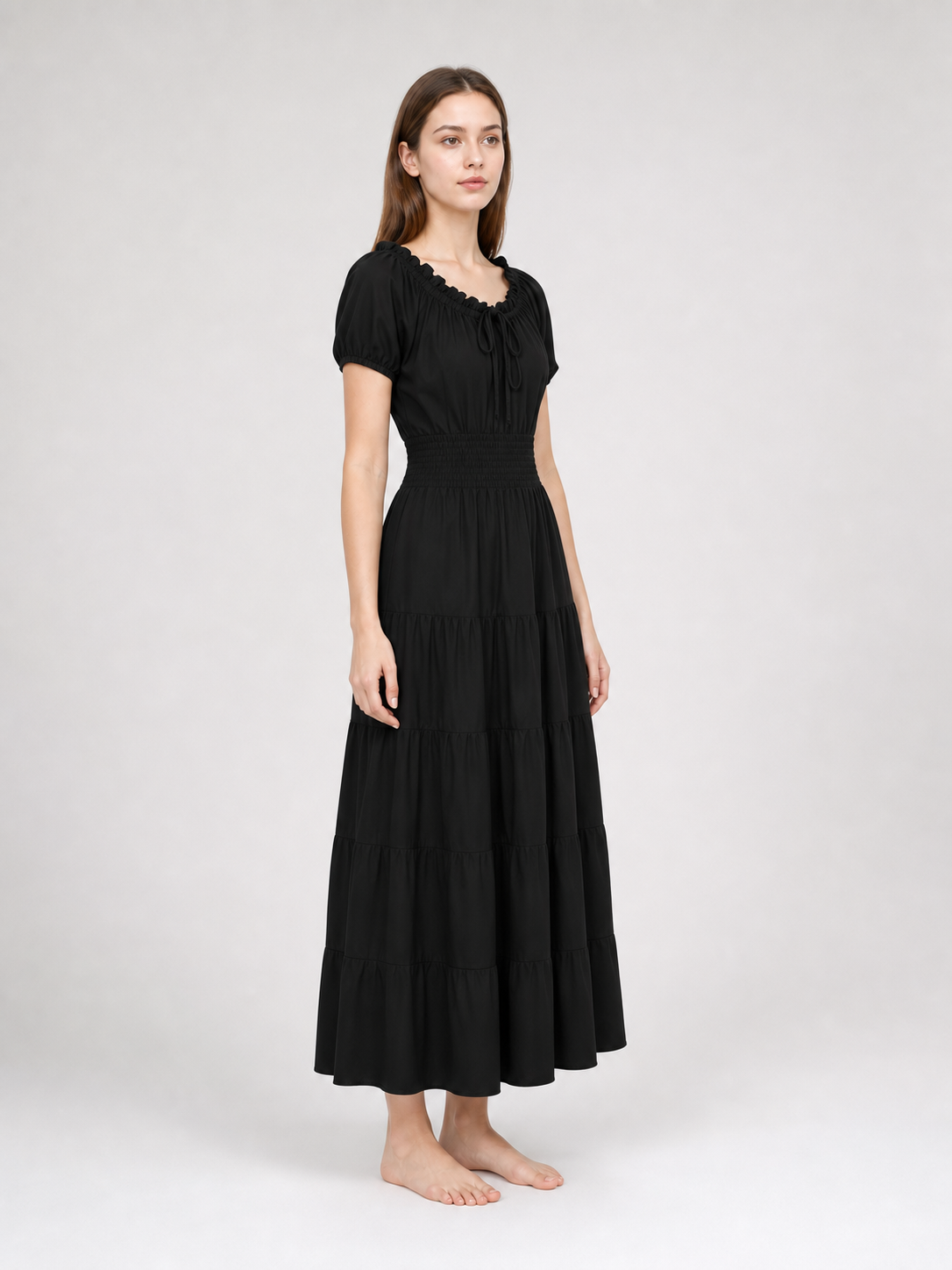 Black Tiered Maxi Dress with Ruching