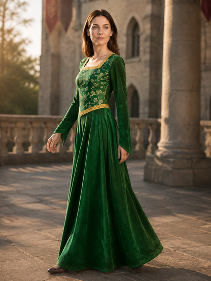 Floor-Length Velour Cosplay Dress with Gold-Tone Trim side view