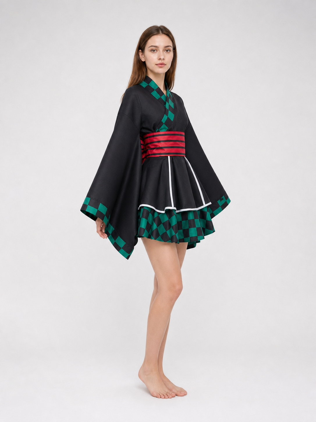 Tanjiro Cosplay Dress, Black with Green Plaid