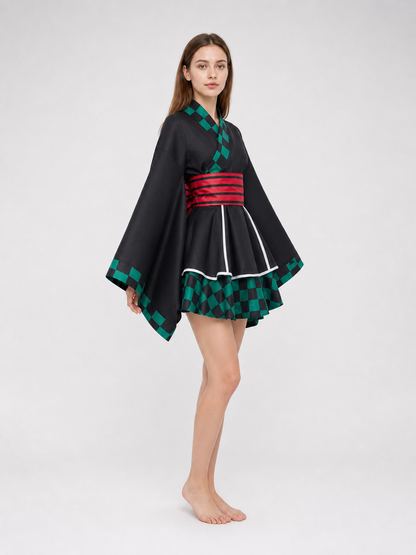 Tanjiro Cosplay Dress, Black with Green Plaid