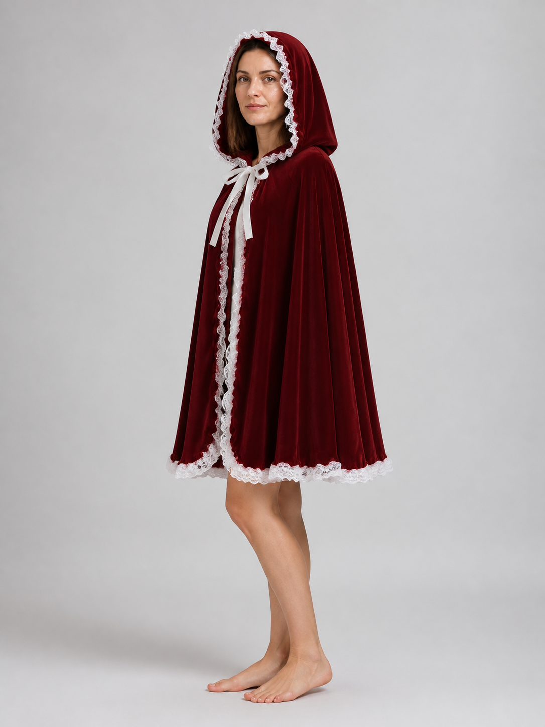 Red Hooded Cape with Lace for Halloween side view