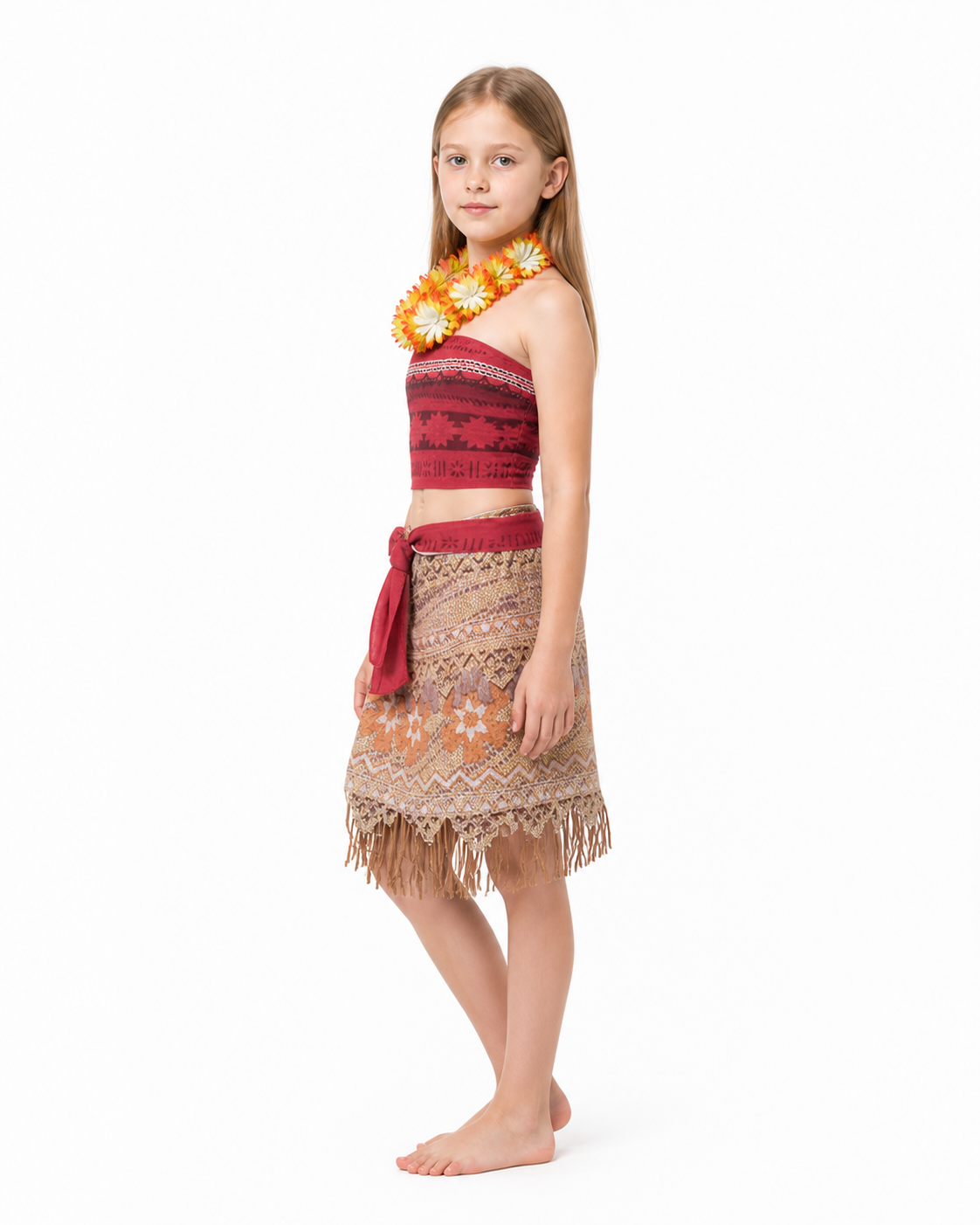 Moana Costume with Fringe Skirt and Necklace side view