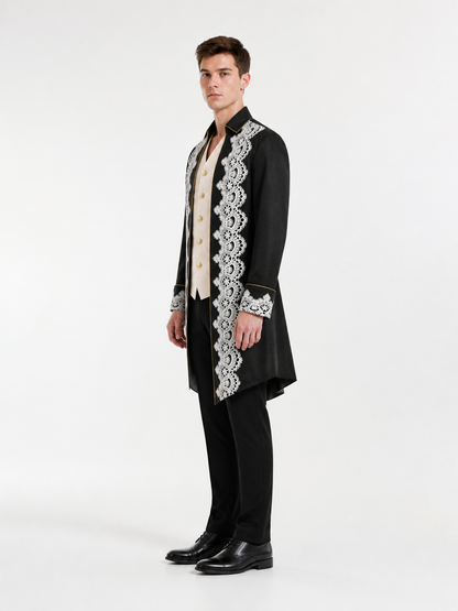 Longline tailcoat with lace and gold buttons