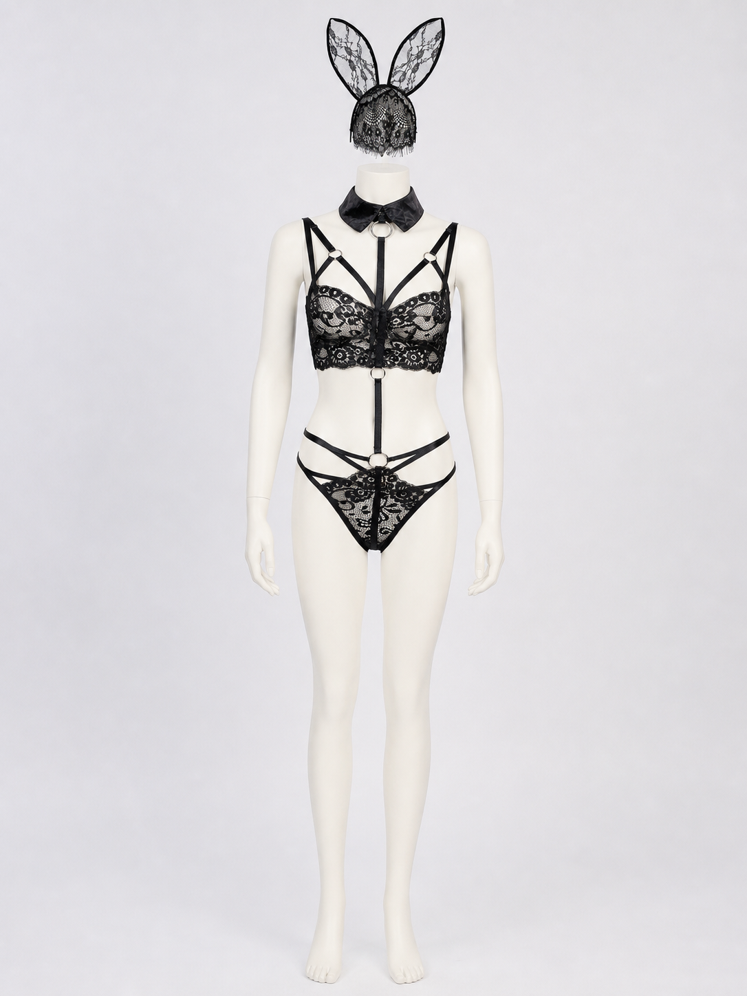 Lace Bunny Costume with Ears and Decorative Straps
