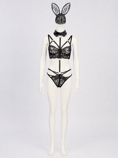 Lace Bunny Costume with Ears and Decorative Straps