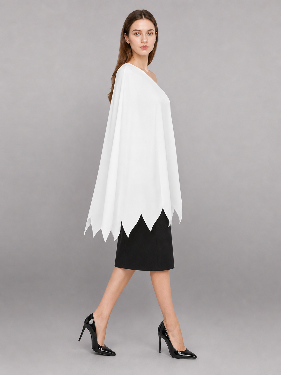 Women's White Cavewoman Costume Dress: One-Shoulder Asymmetric Neckline side view