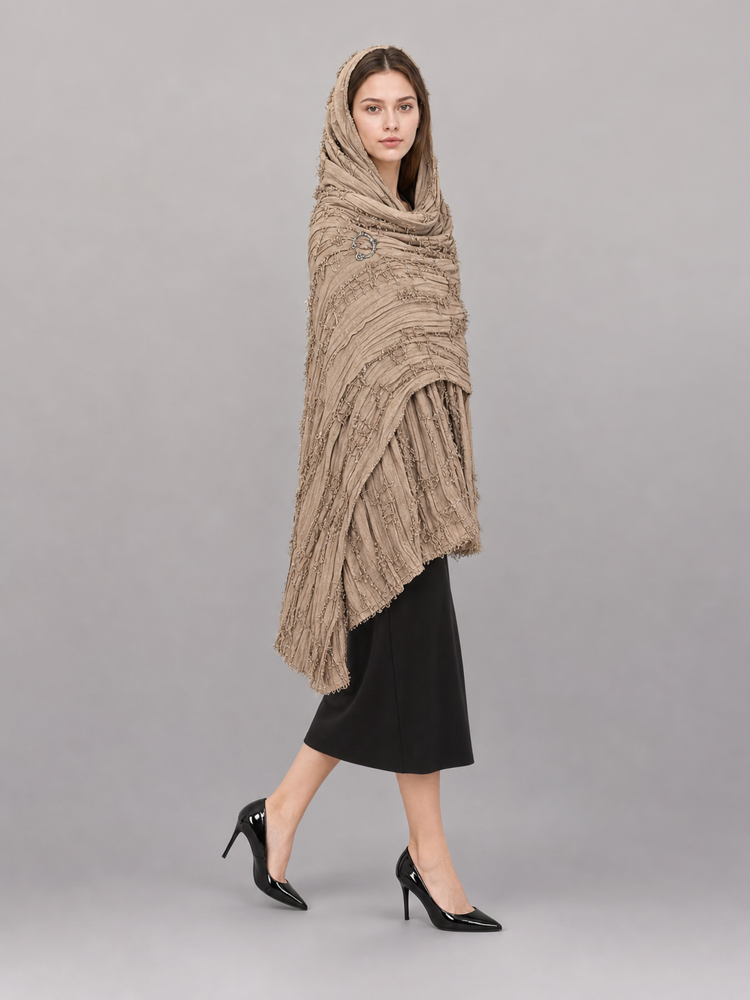 Boho Hooded Scarf Cape, Khaki