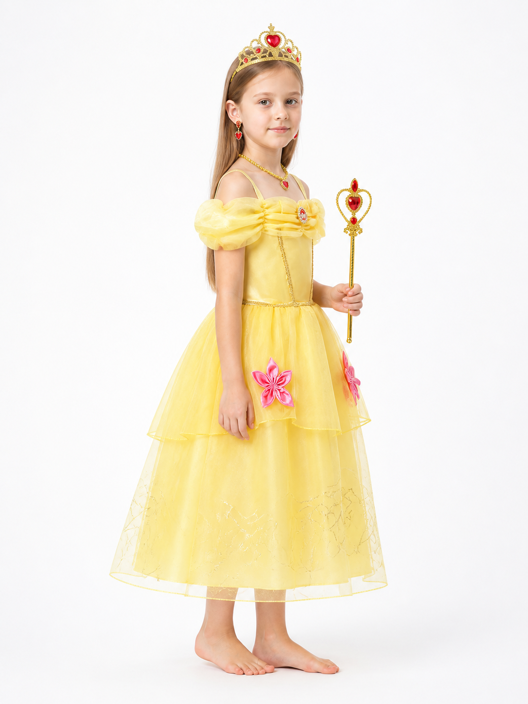 Princess Belle Costume with Full Skirted Dress and Crown side view