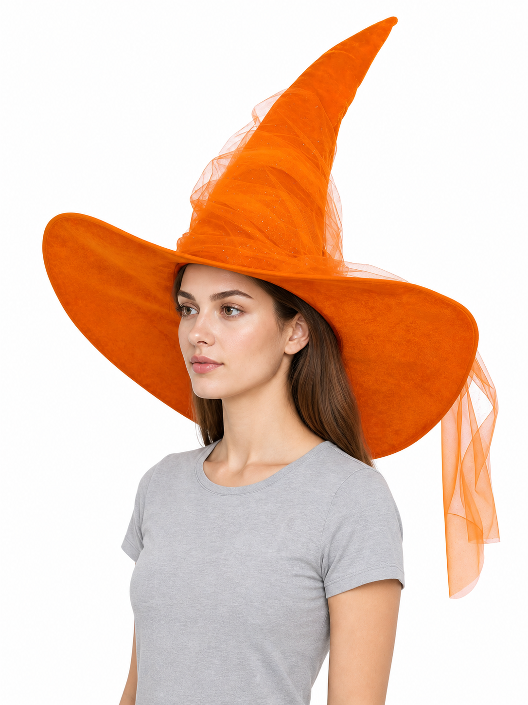 Orange Halloween Witch Hat, Tall Curved Pointed Crown, Wide Floppy Brim, Sheer Mesh Draping, Costume Accessory for Parties