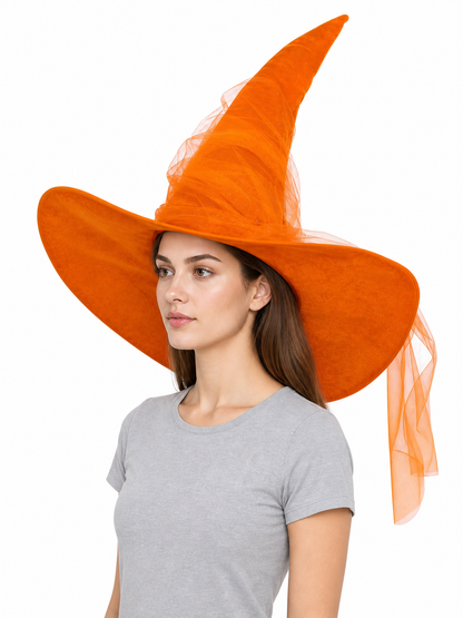 Orange Halloween Witch Hat, Tall Curved Pointed Crown, Wide Floppy Brim, Sheer Mesh Draping, Costume Accessory for Parties