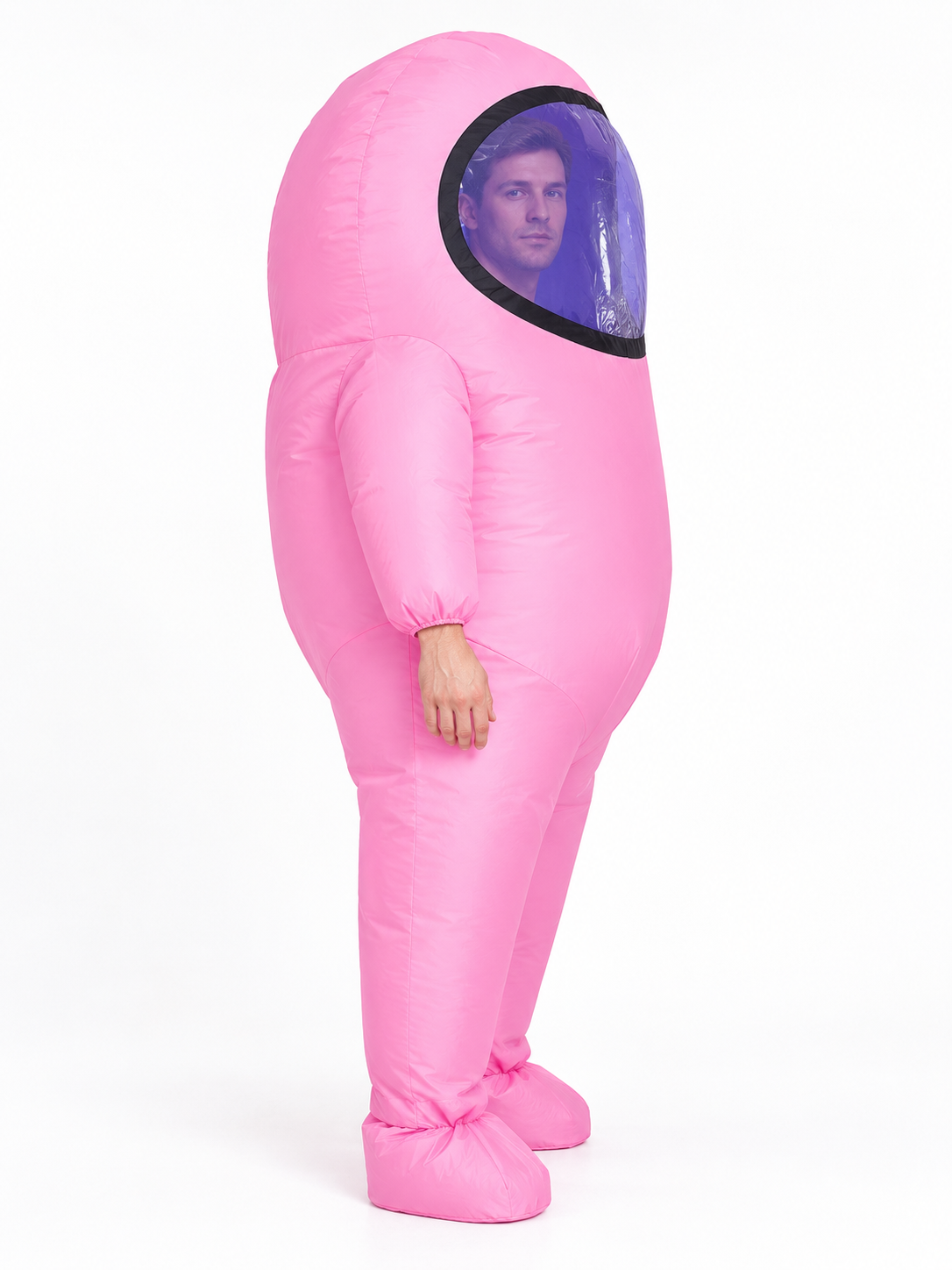 Pink inflatable costume with oval window and black trim