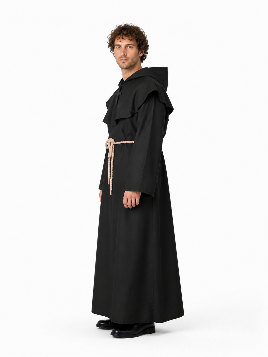 Monk's robe with hood, shoulder cape, and belt side view