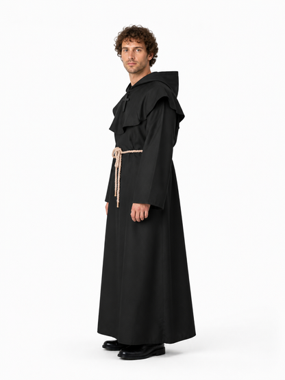 Monk's robe with hood, shoulder cape, and belt side view
