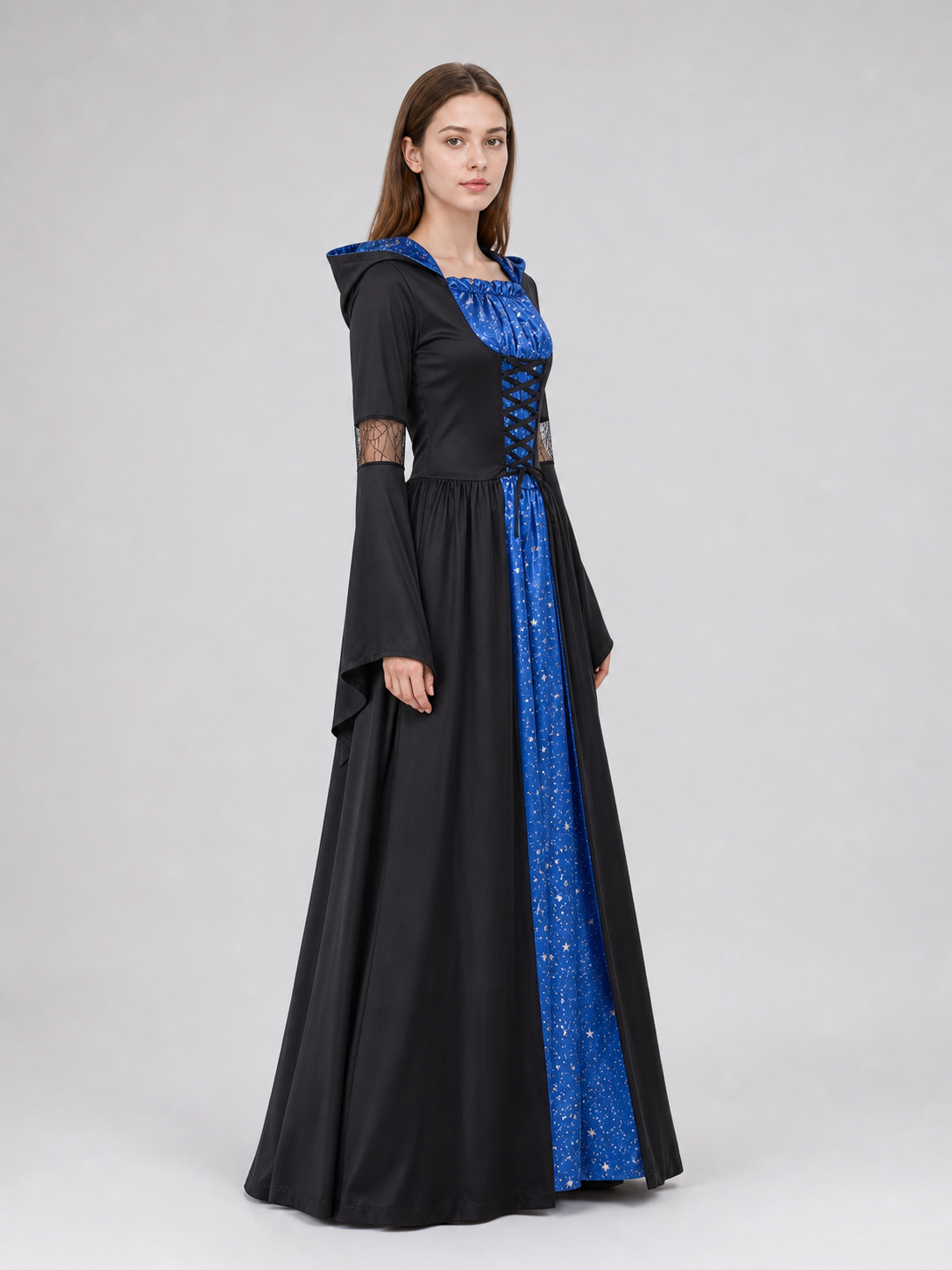 This costume is designed to create a witch, vampire, or ghostly character look for Halloween and themed role-playing events. The design features a black-and-blue color combination and consists of a long dress with a hood and long sleeves. T