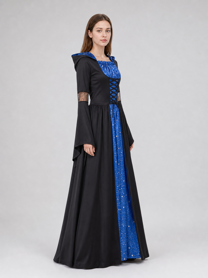 This costume is designed to create a witch, vampire, or ghostly character look for Halloween and themed role-playing events. The design features a black-and-blue color combination and consists of a long dress with a hood and long sleeves. T