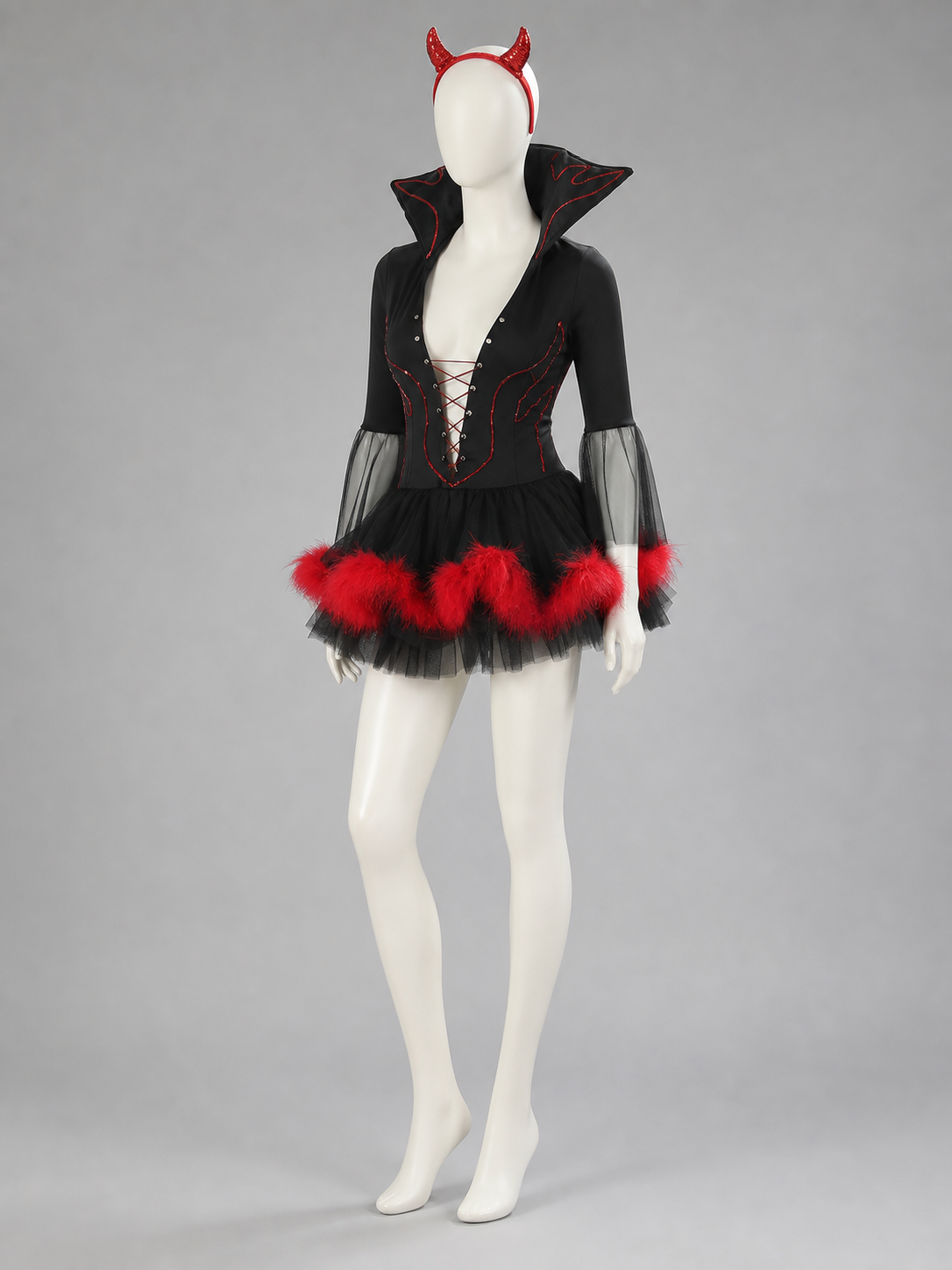 The Halloween costume is designed in a black-and-red color scheme and combines side view