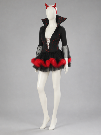 The Halloween costume is designed in a black-and-red color scheme and combines side view