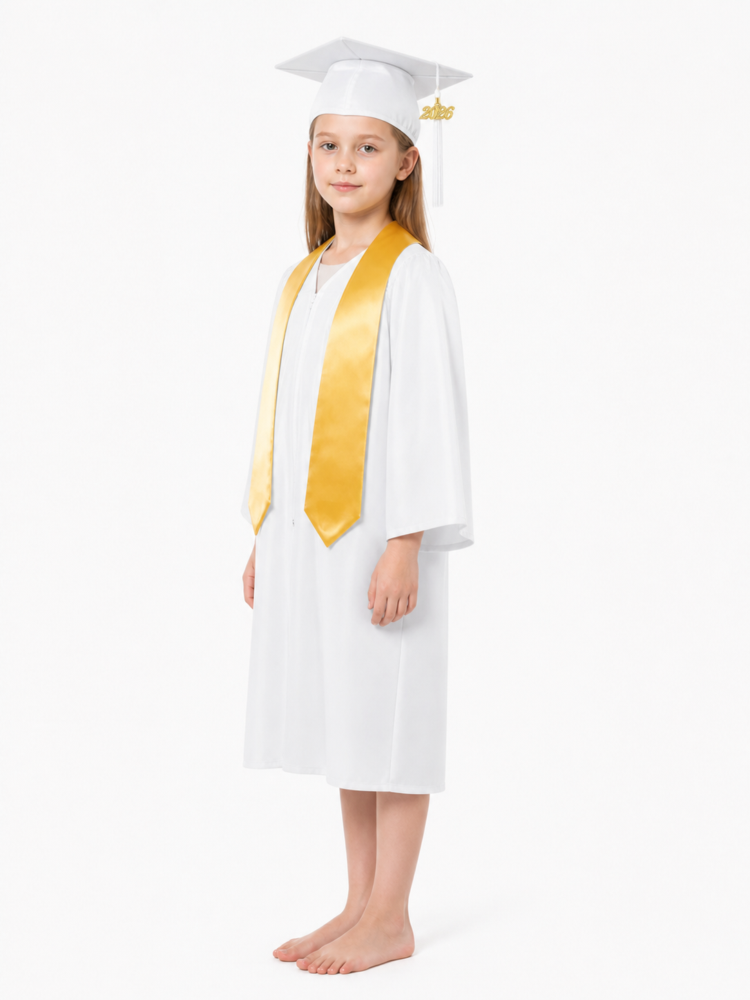 Graduation set with white gown, cap, and stole side view