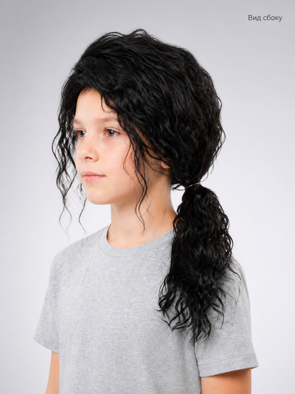 Black Long Curly Cosplay Wig with Low Ponytail side view