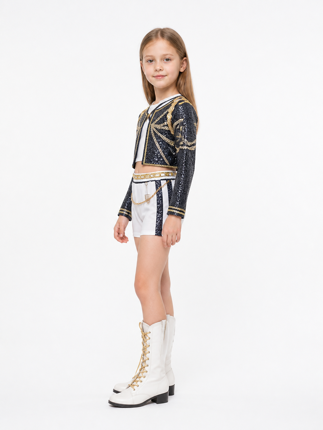 Stage costume with a short jacket and white shorts side view