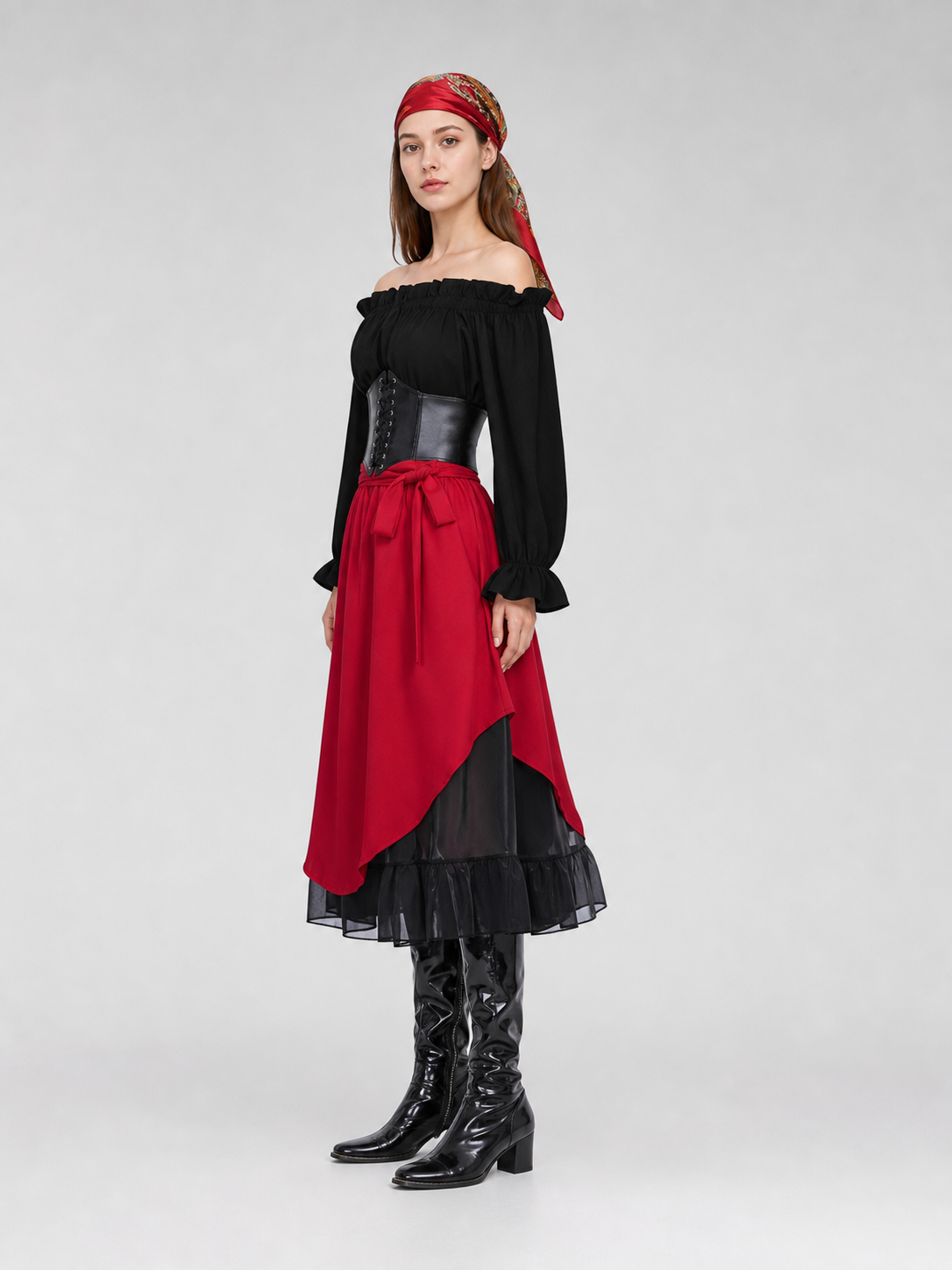 Theatrical pirate costume set with accessories. The two-color design in black
