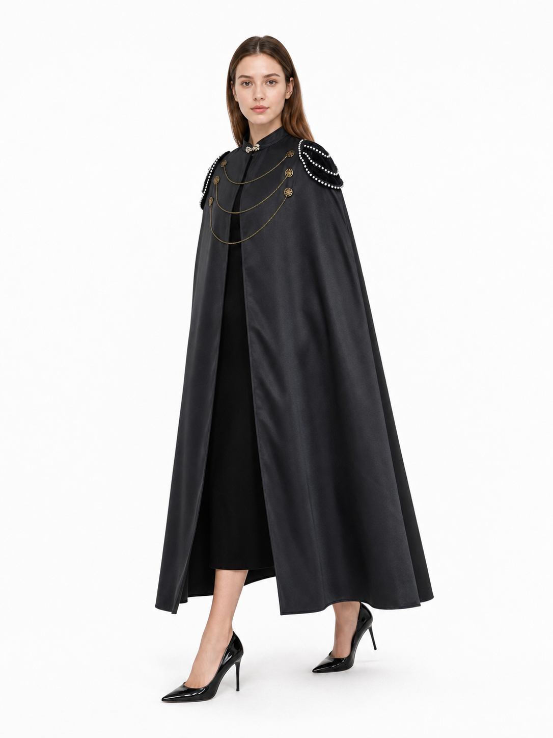 Black Decorative Hooded Costume Cloak