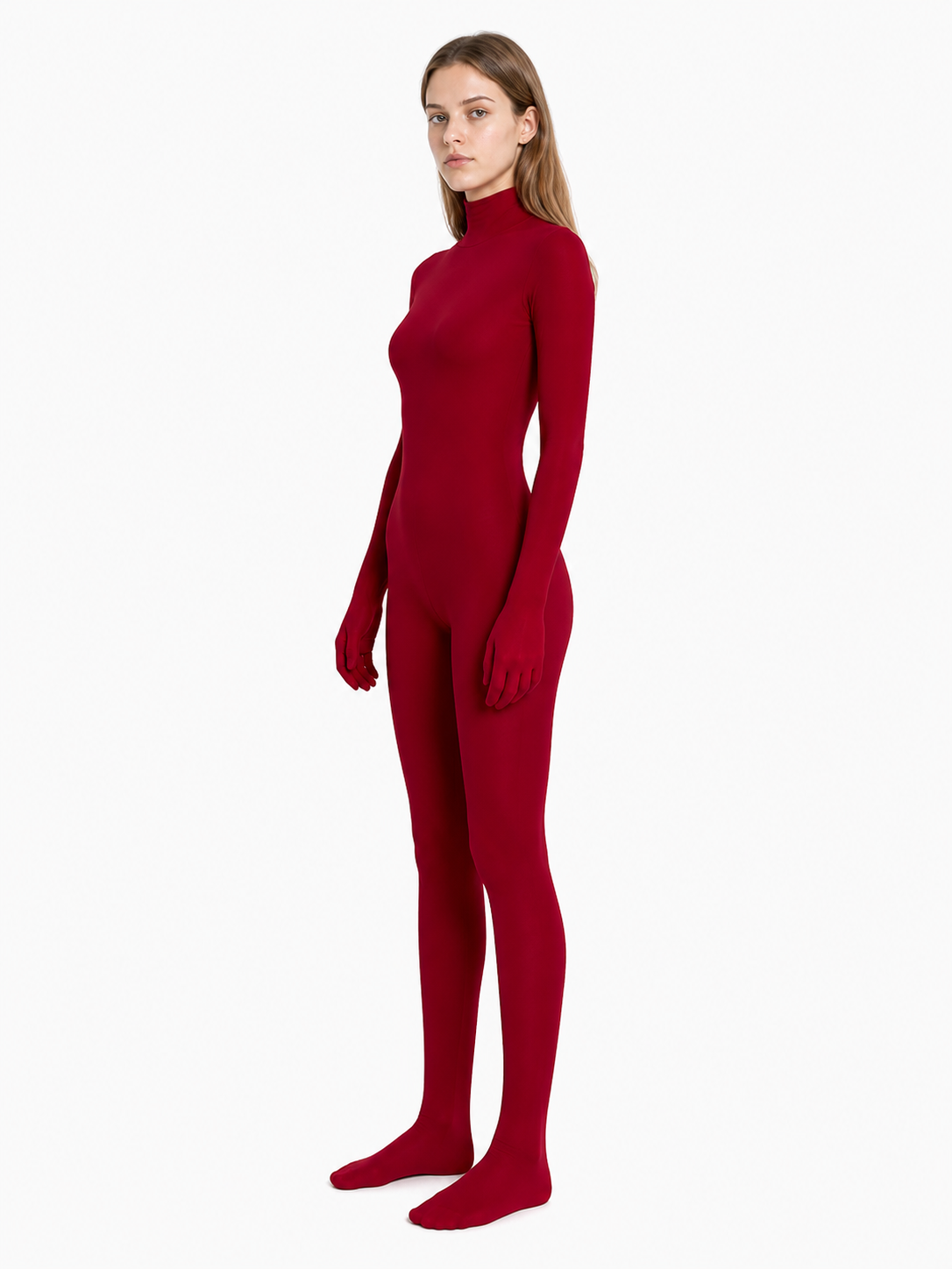 Red Hooded Open-Face Jumpsuit for Stage Performances