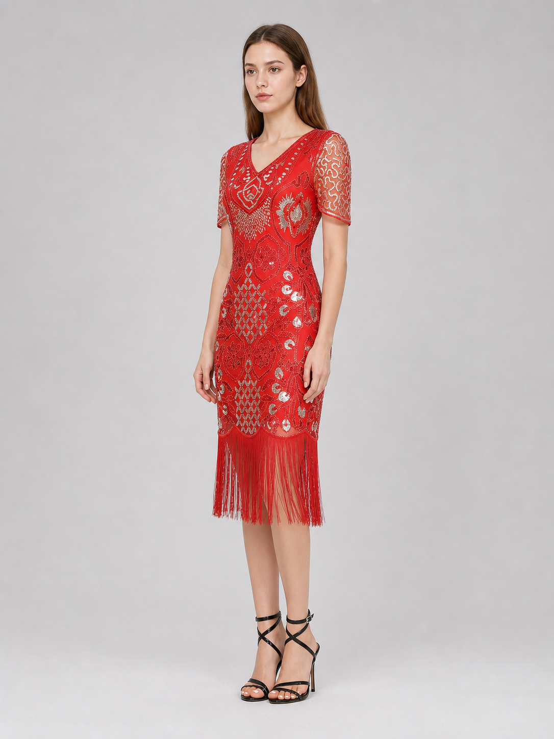 Retro-Style Cocktail Dress with Sequins and Fringe