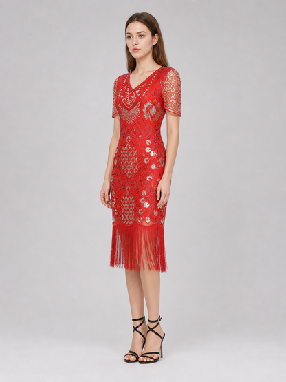 Retro-Style Cocktail Dress with Sequins and Fringe