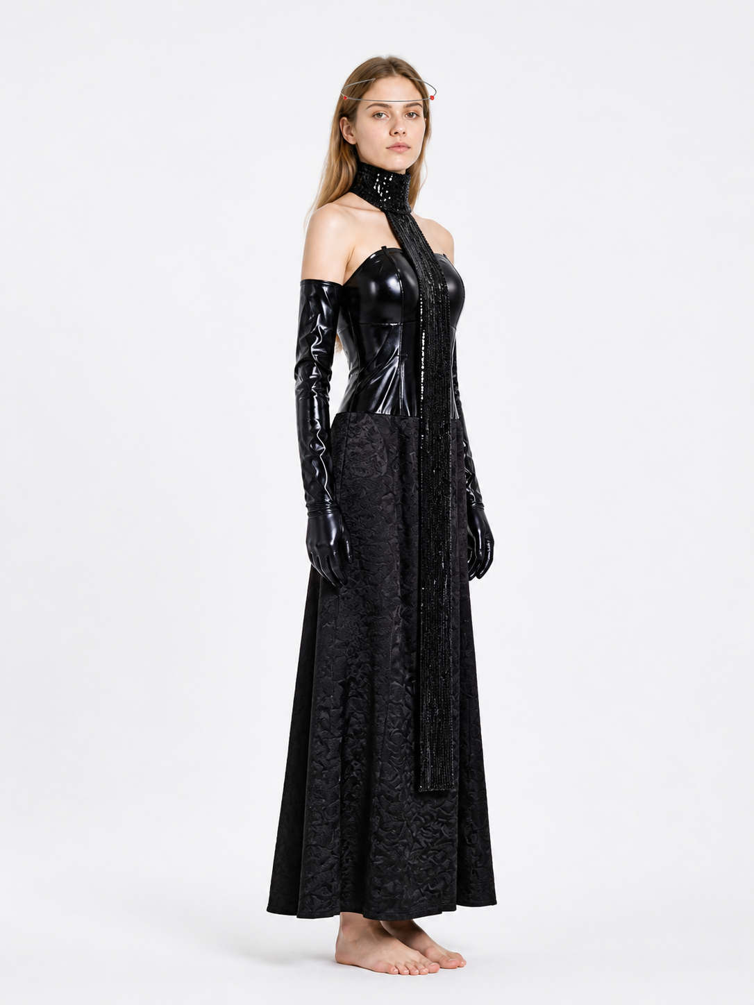 Long Black Sequin Dress with Gloves side view