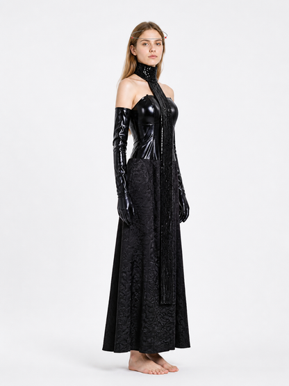 Long Black Sequin Dress with Gloves side view