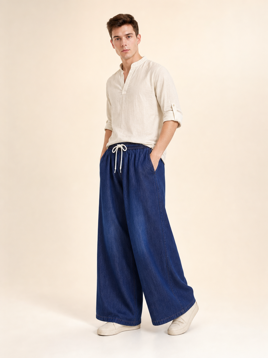 Wide-leg dark navy pants with drawstring