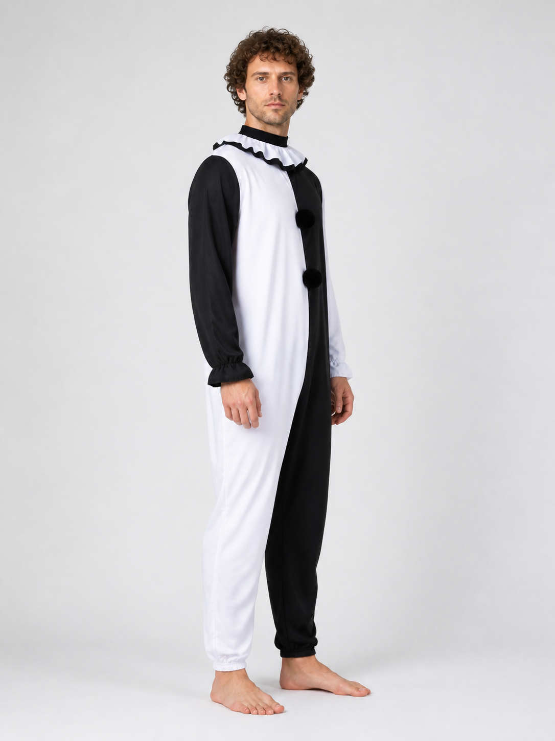 Black-and-White Clown Jumpsuit with Ruffled Collar for Halloween side view