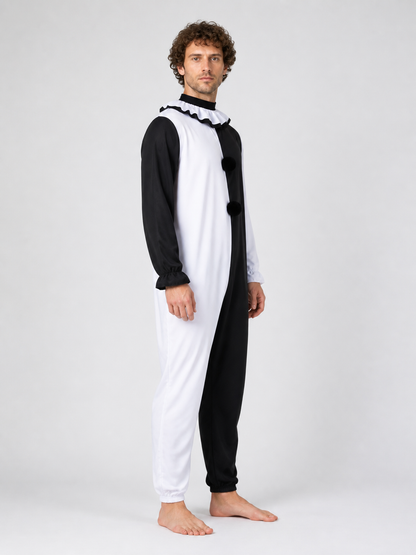 Black-and-White Clown Jumpsuit with Ruffled Collar for Halloween side view