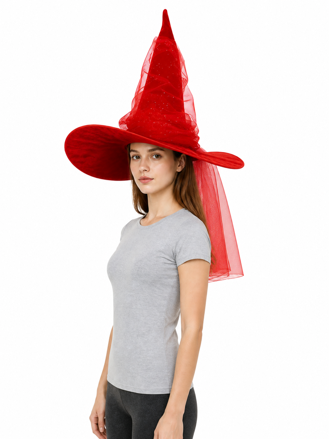 1pc Red Halloween Witch Hat with Very Tall Pointed Crown, Extra-Wide Floppy Brim and Sheer Glitter-Speckled Overlay for Cosplay Parties