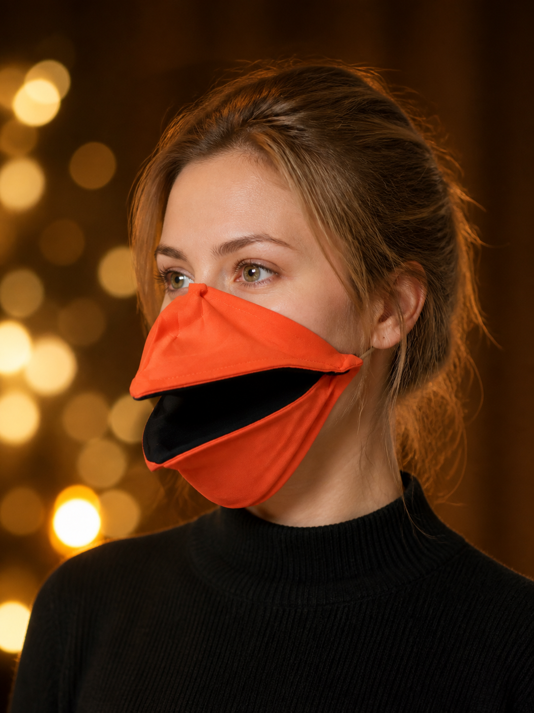 Carnival Mask with Beak, Orange-Red and Black side view