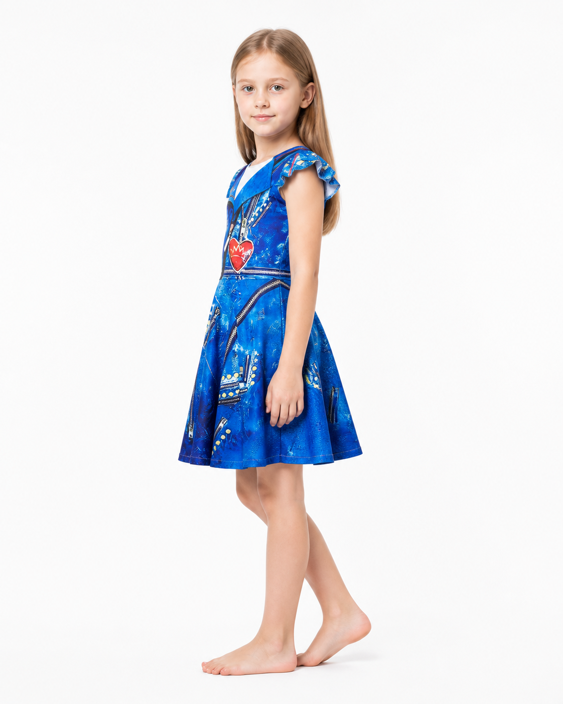 Children's Blue Halloween Dress with Crown and Lightning Bolts side view
