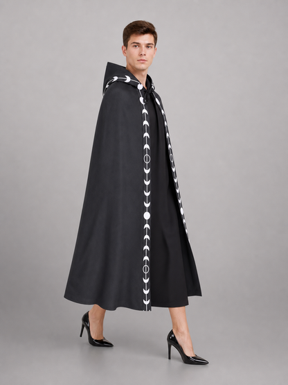 Black Carnival Cloak with Hood, Moon Pattern