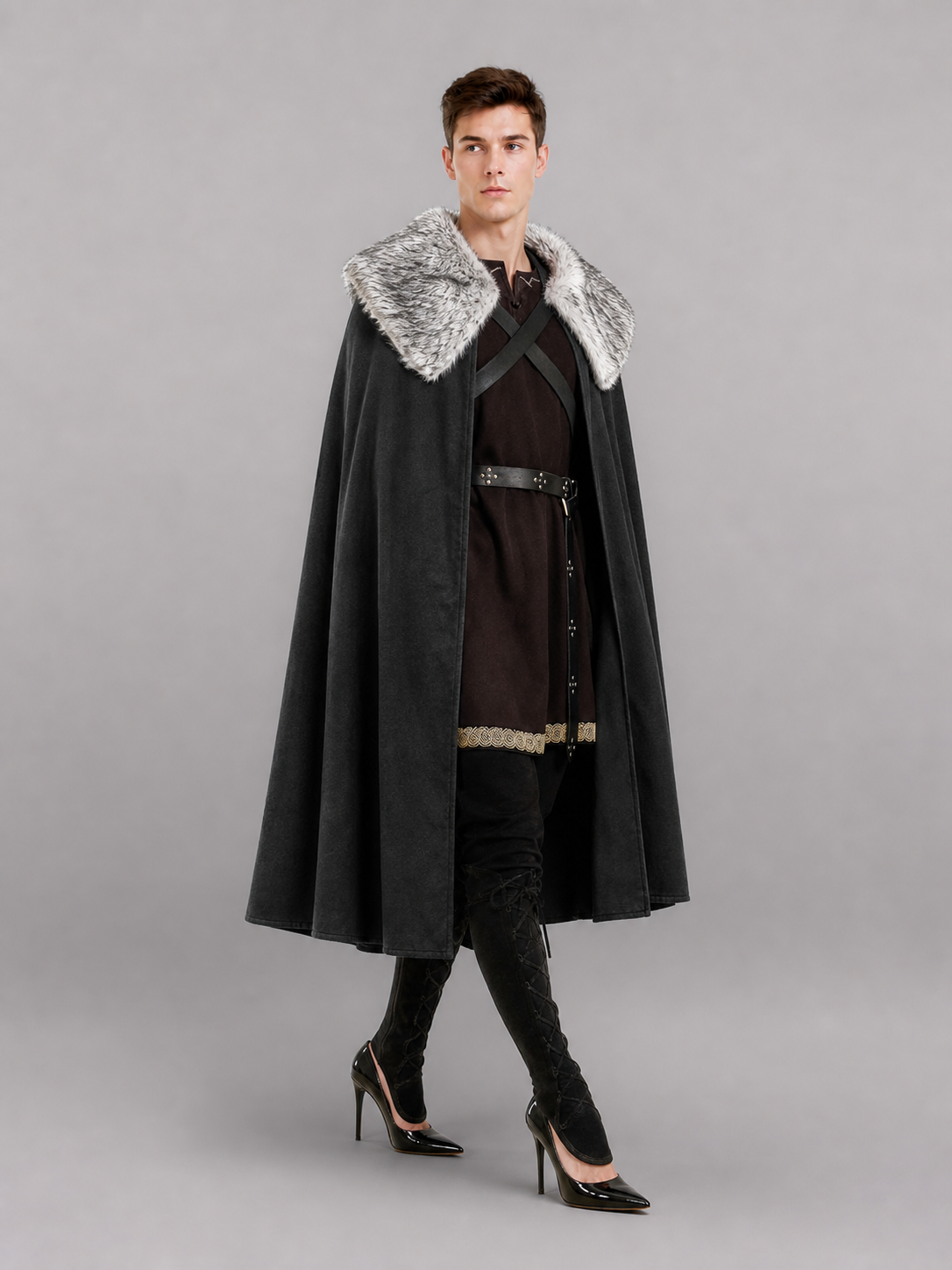 Black Medieval Costume Cape with Collar