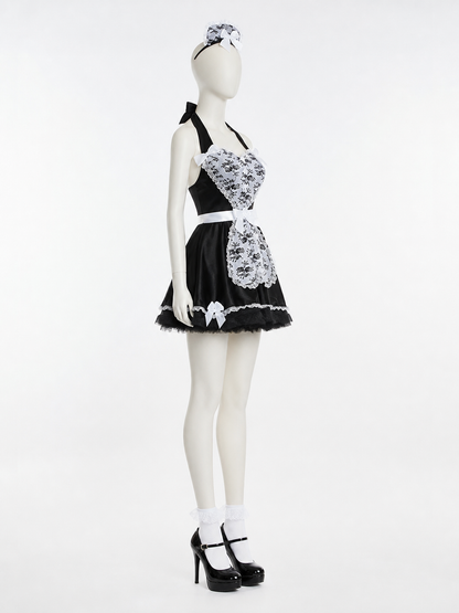 Black-and-White Dress Costume with Apron and Bows side view