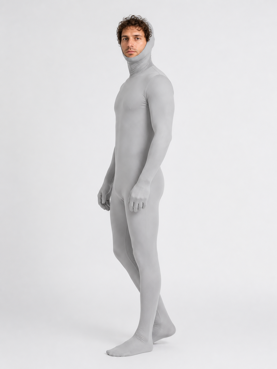 Gray Zentai Suit with Hood and Open Face side view