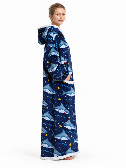 Flannel hooded blanket hoodie with a shark print side view